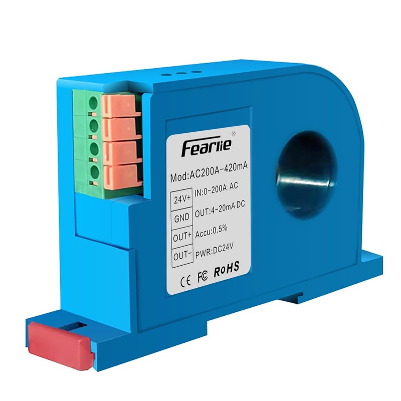 FEARLIE AC Current Transmitter,Hall DC Sensor,Output to PLC or Instrument,High Precision Perforated Sensing Current 0-200V-420mA - Image 1
